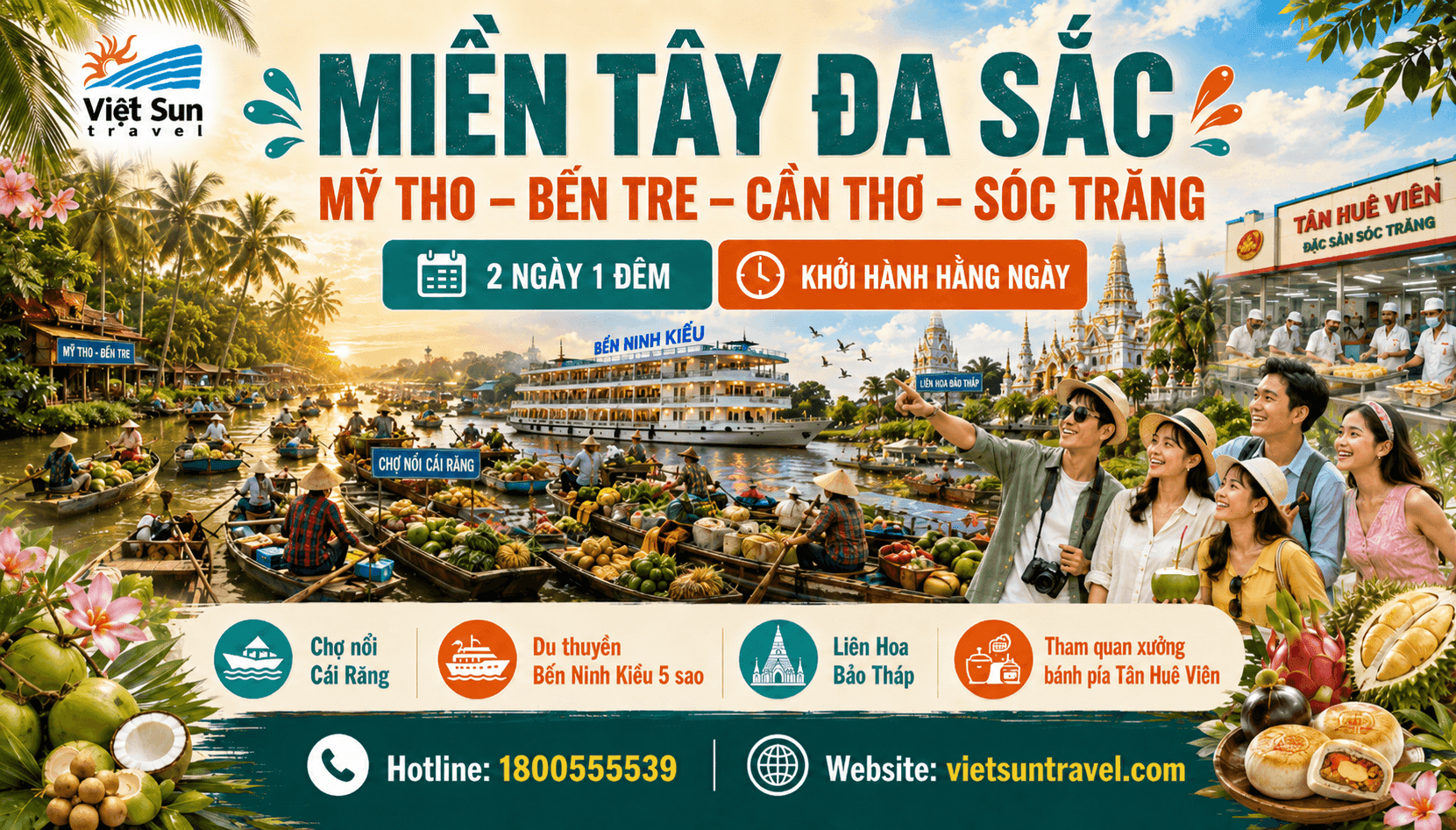 TOUR MIỀN TÂY 2N1Đ: MỸ THO - VƯỜN TRÁI CÂY - BẾN TRE –  CẦN THƠ - CHỢ NỔI CÁI RĂNG - LIÊN HOA BẢO THÁP - TÂN HUÊ VIÊN – SÓC TRĂNG