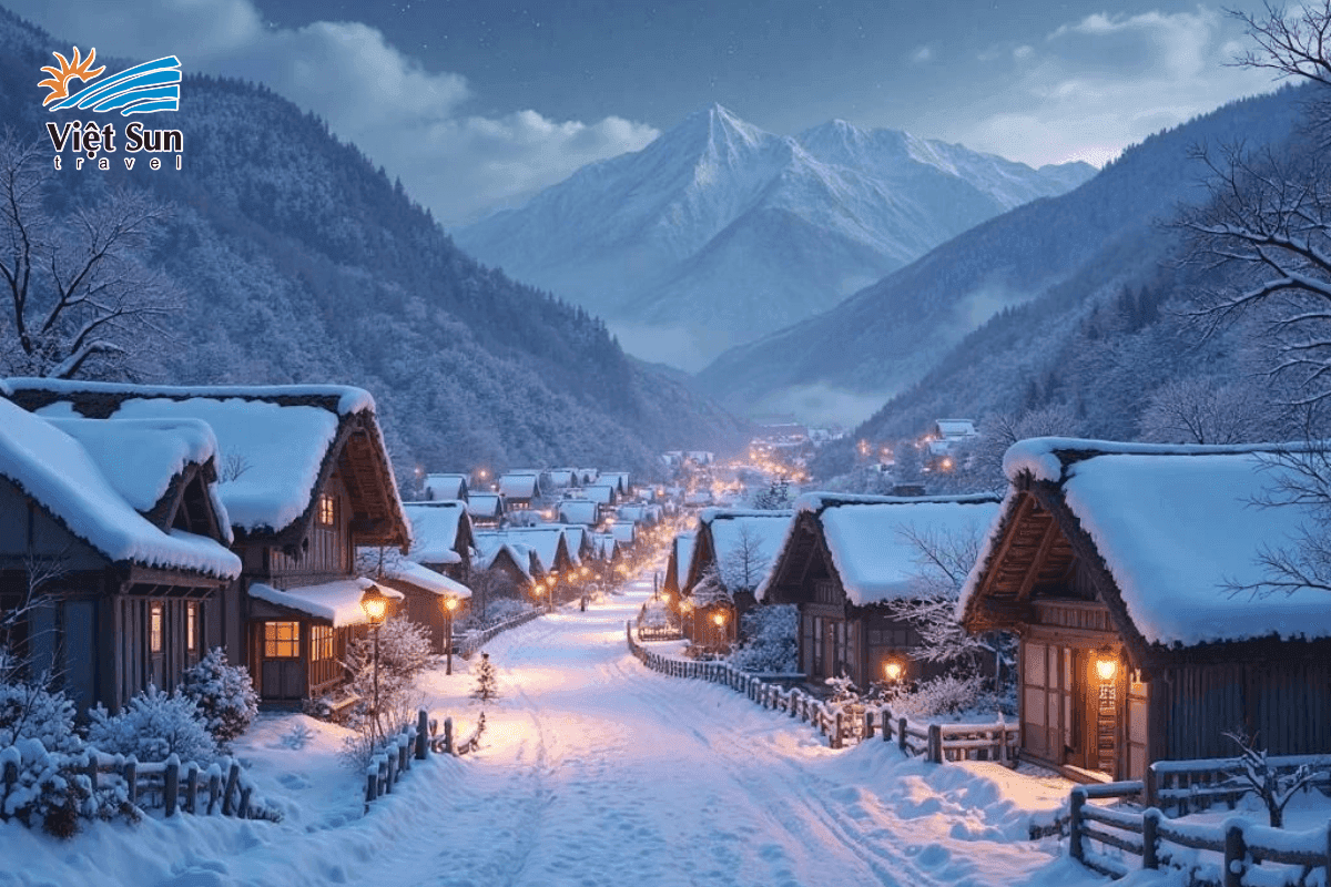 Làng cổ Shirakawa-go mùa đông phủ tuyết.