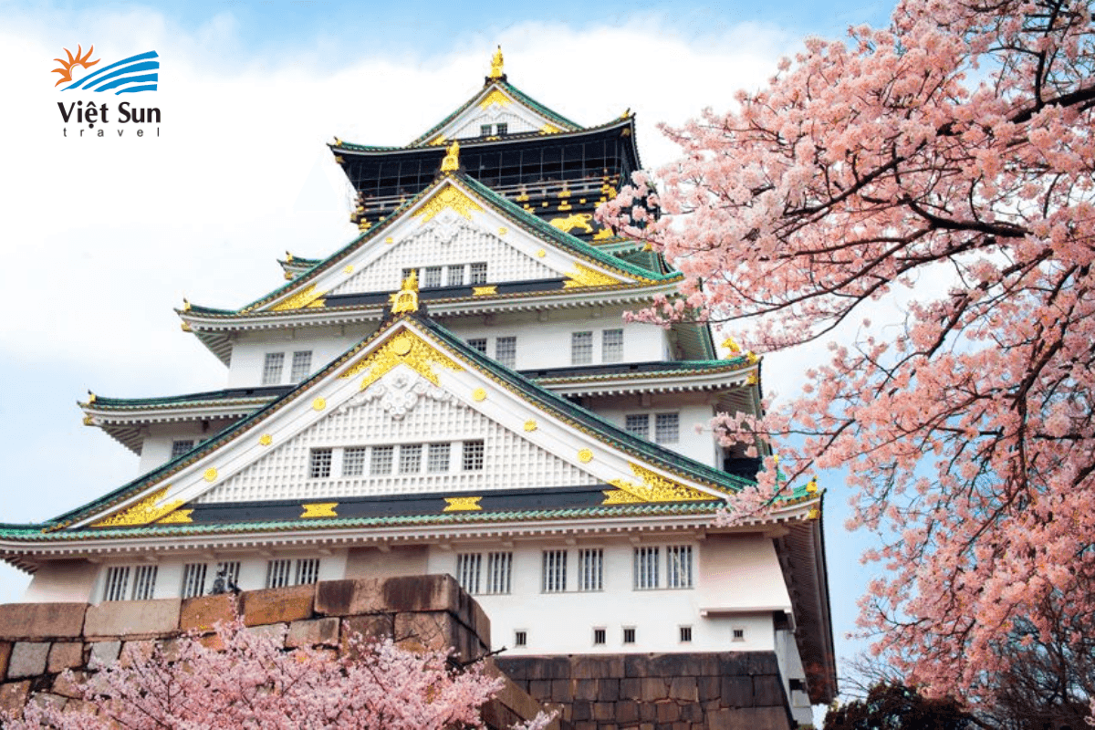Tháp chính lâu đài Osaka nhìn từ công viên.