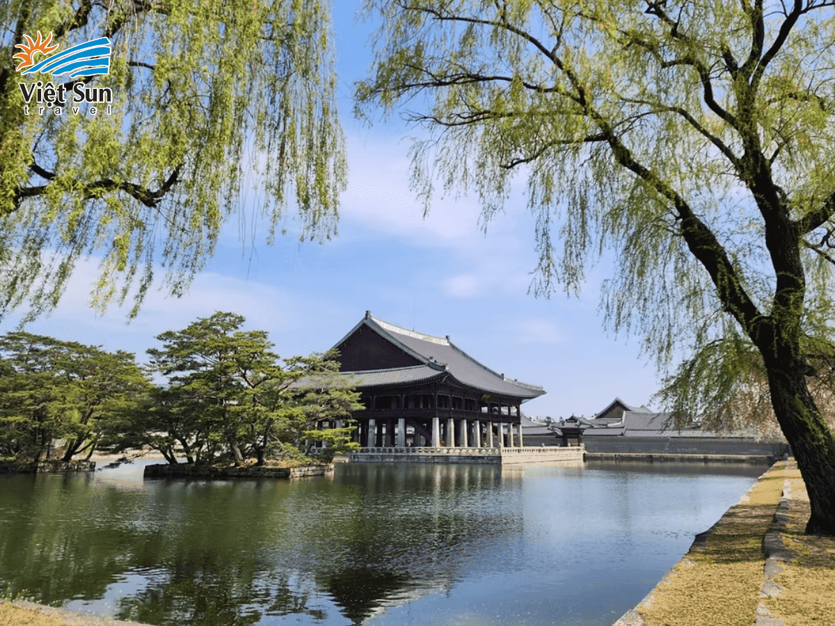 Cảnh Phúc Cung mùa hè nổi bật với không gian xanh mát và ánh nắng rực rỡ