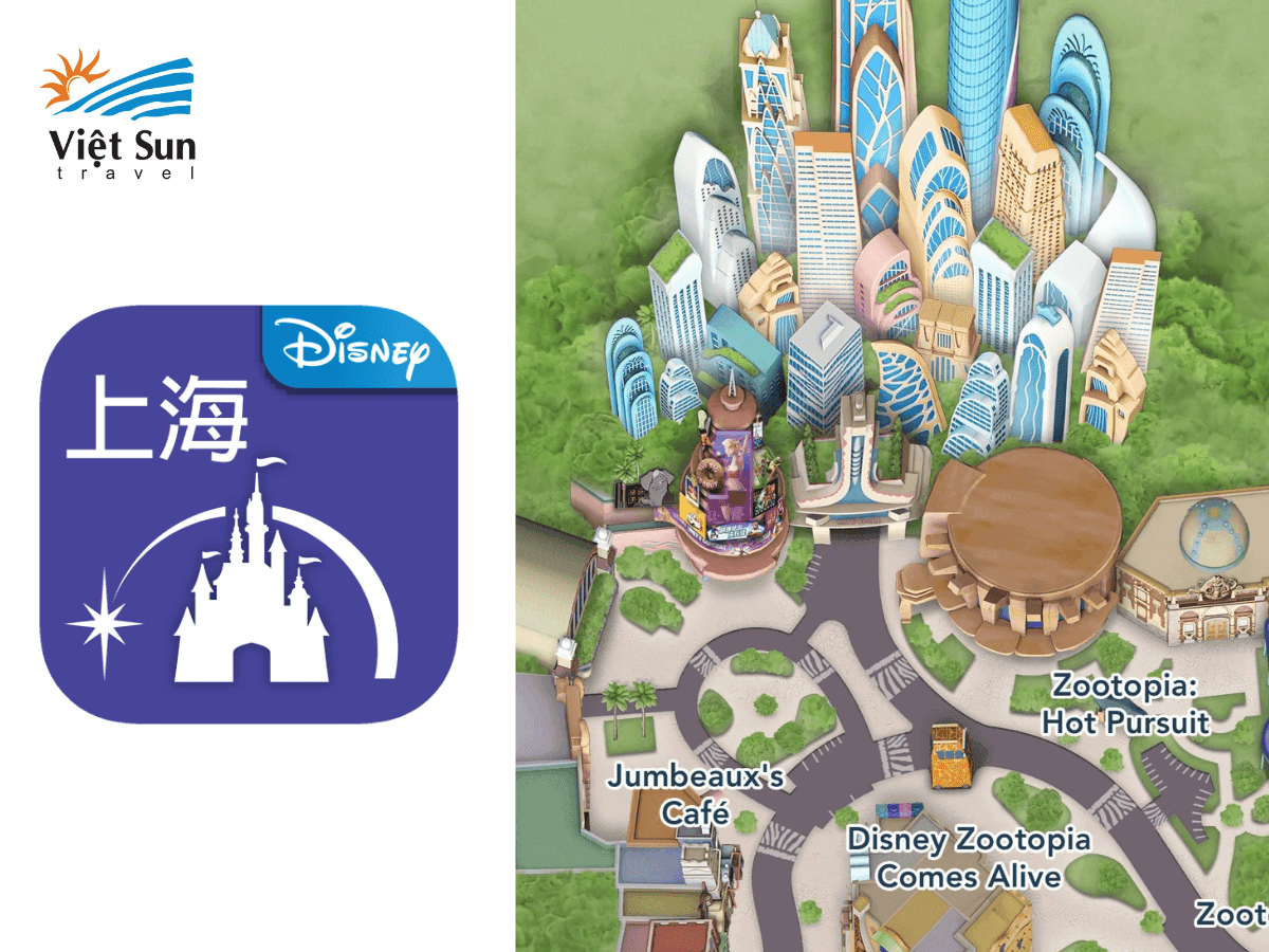 Giao diện app Disneyland Shanghai hiển thị bản đồ và lịch trình
