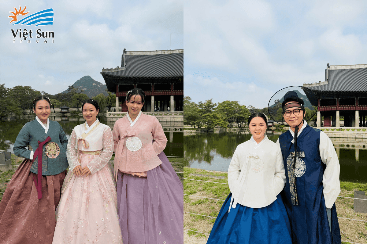 Khách đoàn Viet Sun Travel check in mặc hanbok truyền thống