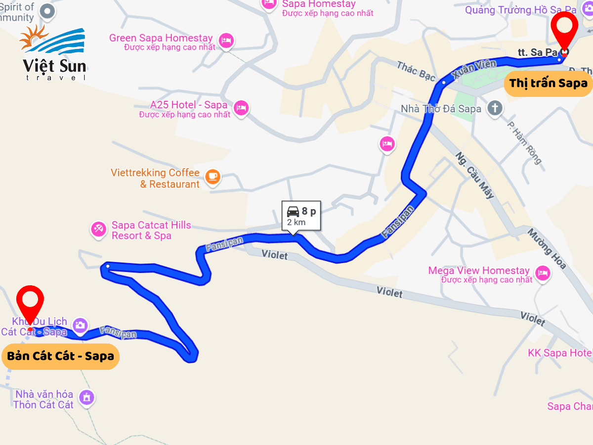 Khoảng cách từ Thị trấn Sapa đến bản Cát Cát