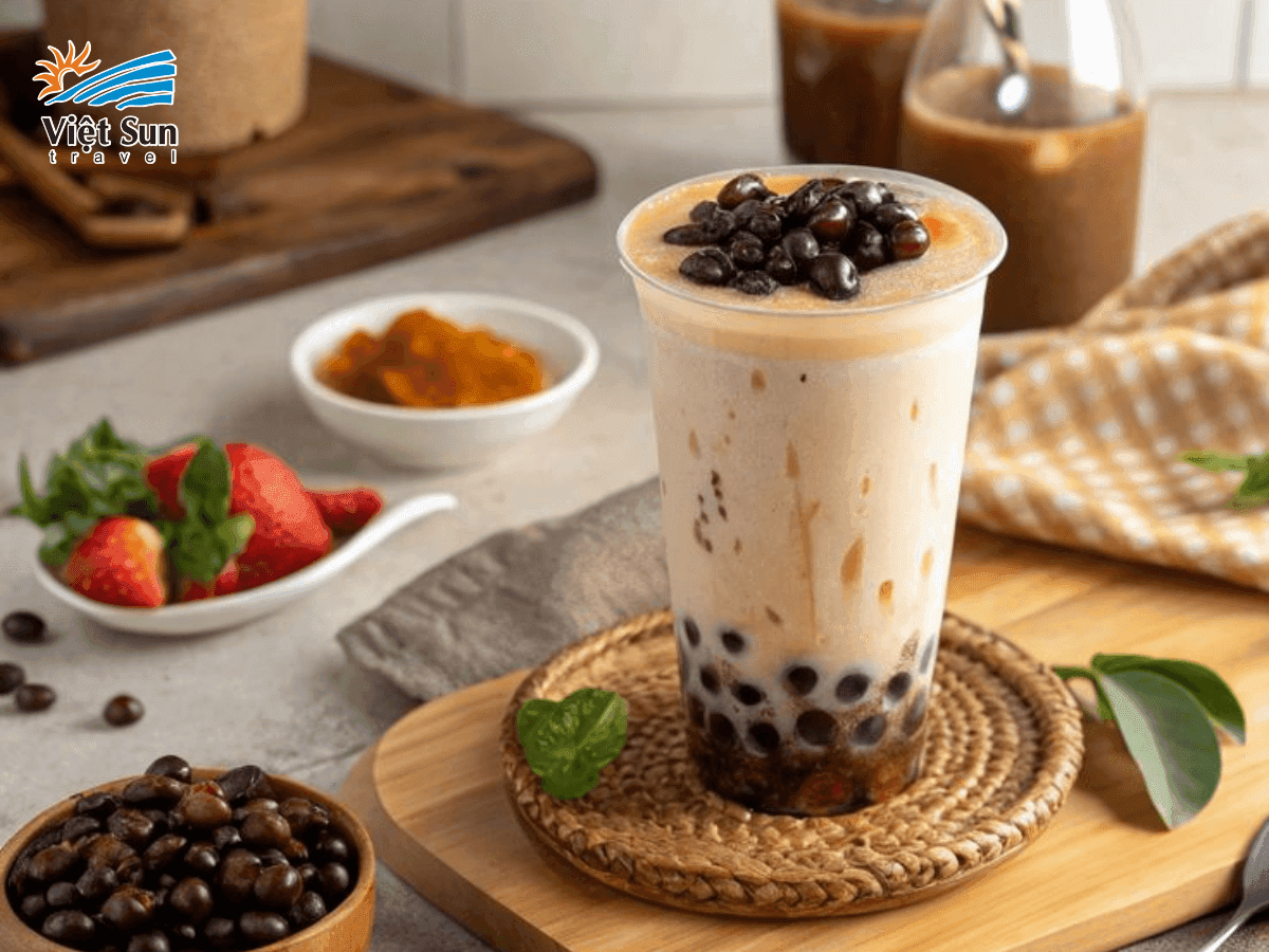 Ly trà sữa nướng đầy topping trong khung nền cổ kính.