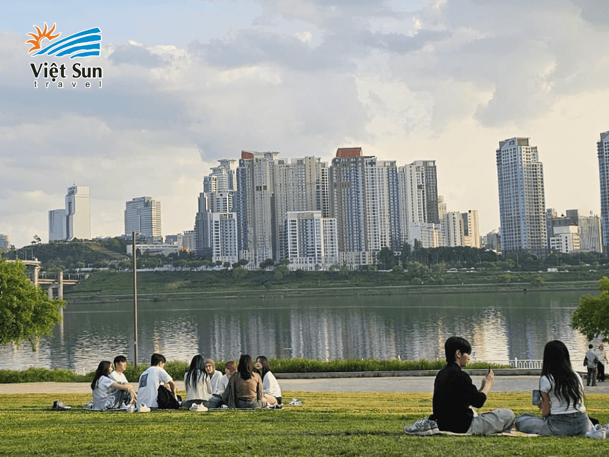 Ngồi hóng mát bên bờ sông Hàn thơ mộng, gần công viên Seoul Forest