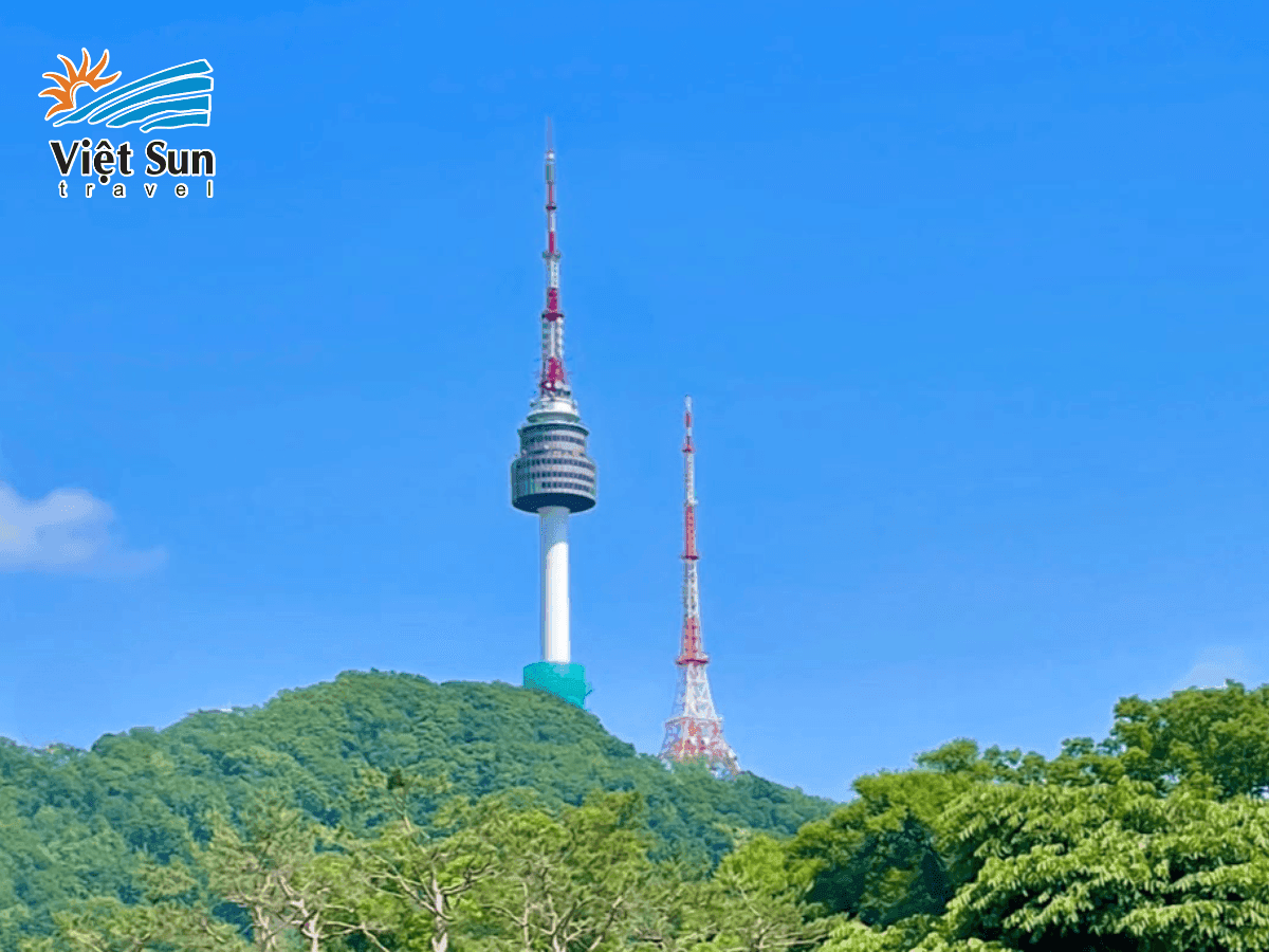 Tháp N Seoul lấp lánh khi nhìn từ công viên Namsan vào buổi tối
