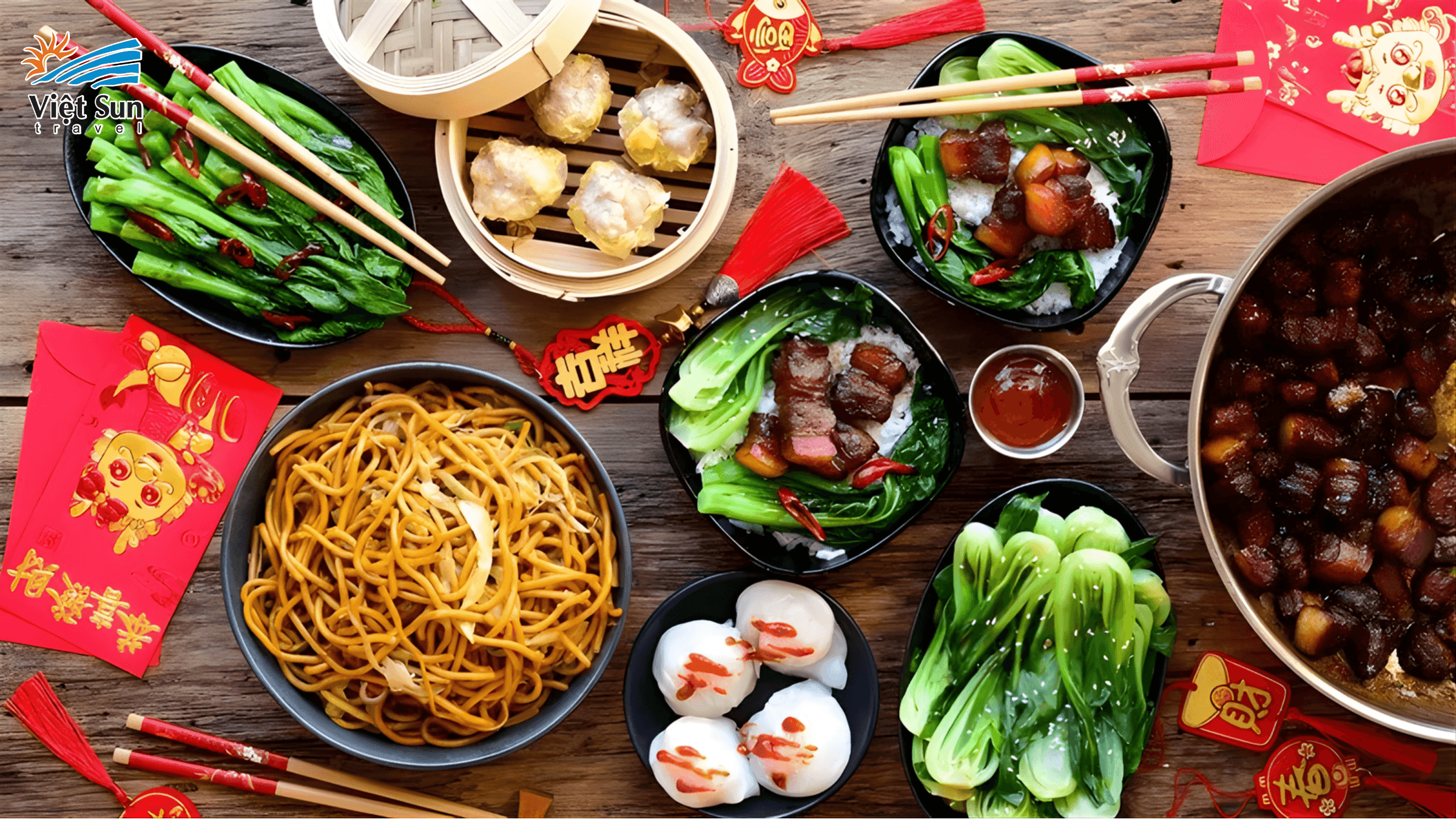 Toàn cảnh bàn ăn hoặc khu phố ẩm thực Thượng Hải