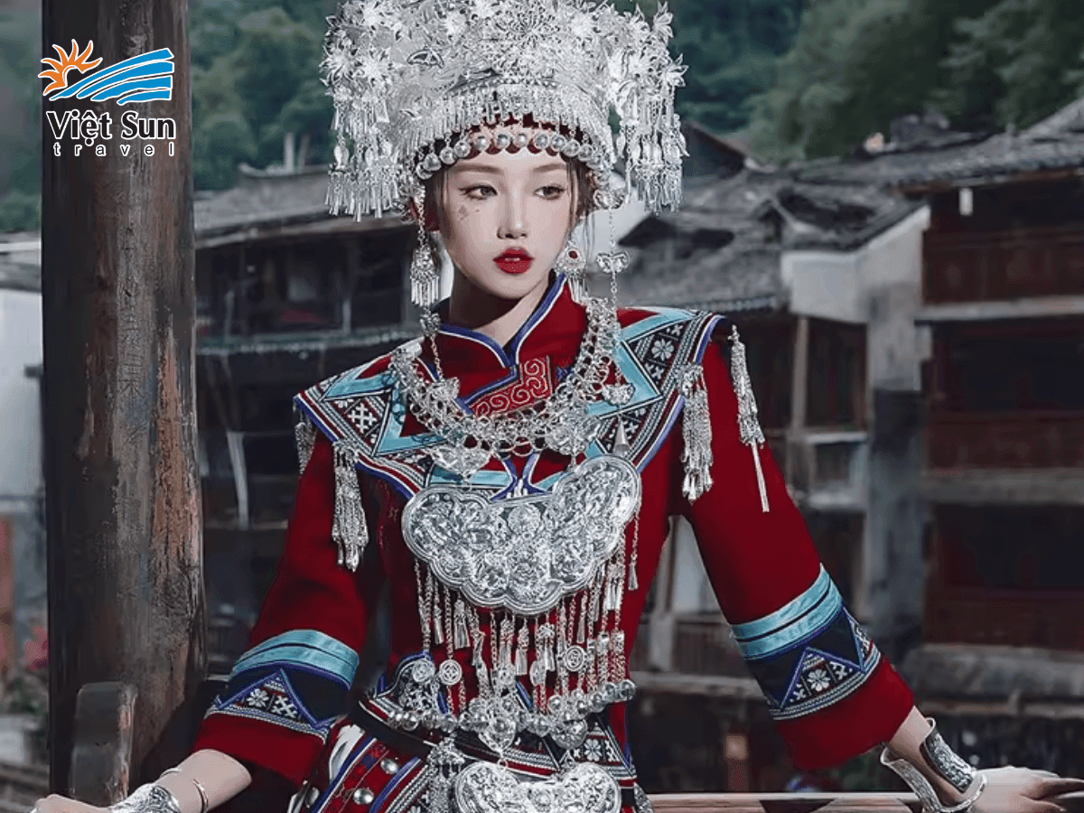 Trang phục truyền thống rực rỡ của phụ nữ Miêu tộc trong lễ hội mùa xuân